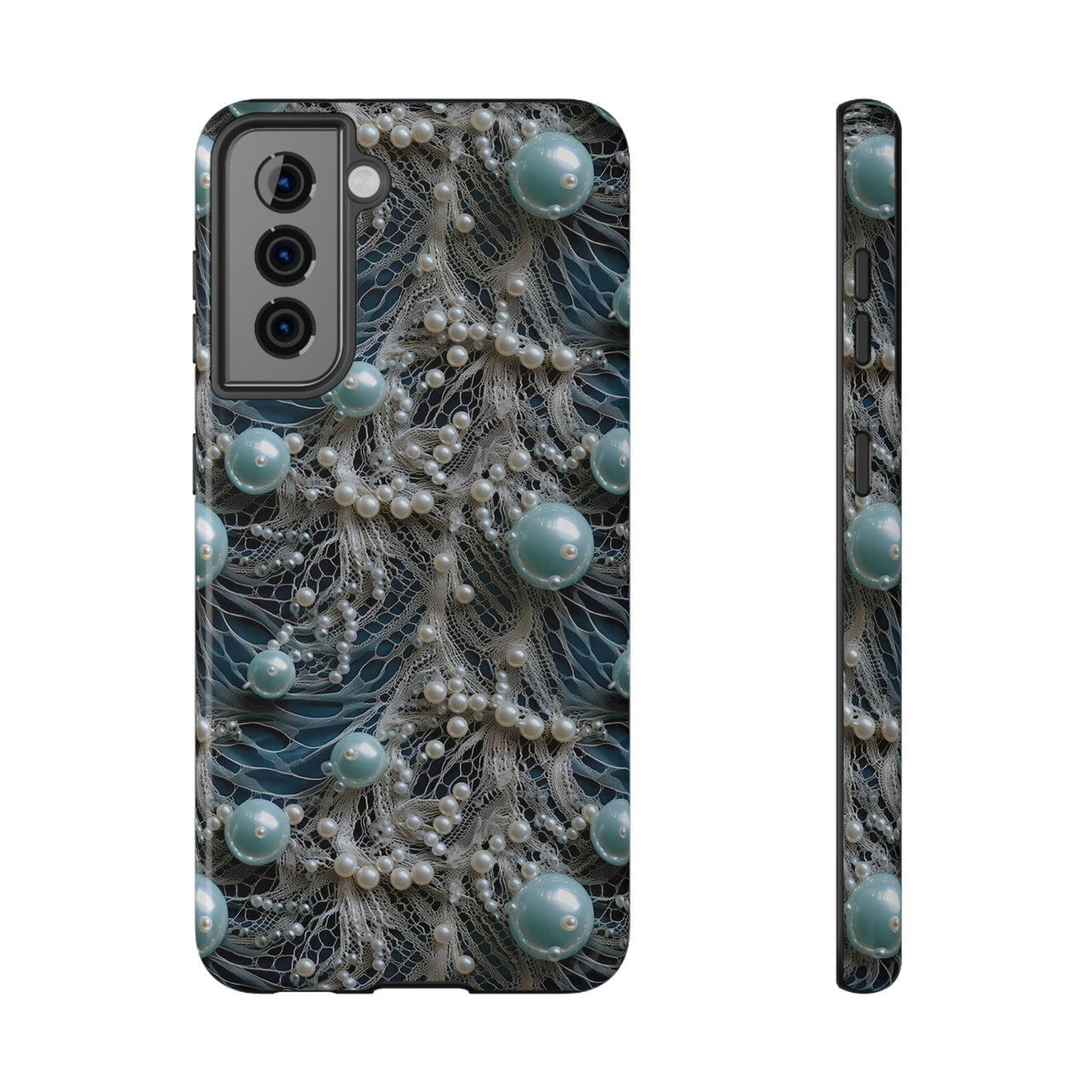 Sea Foam Lace and Pearls Impact-Resistant Cases for Samsung Galaxy S21, Samsung Galaxy S21 Plus, and Samsung Galaxy S21 Ultra. Supports Wireless Charging.