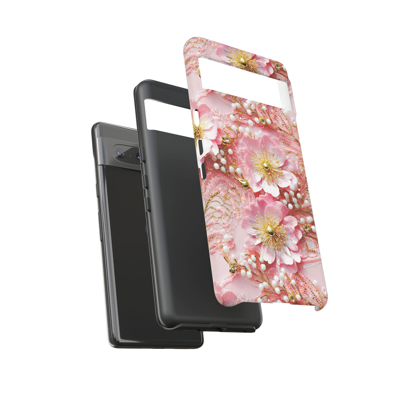 Gold-Kissed Flowers on Pink Lace - Tough Case for Google Pixel 7