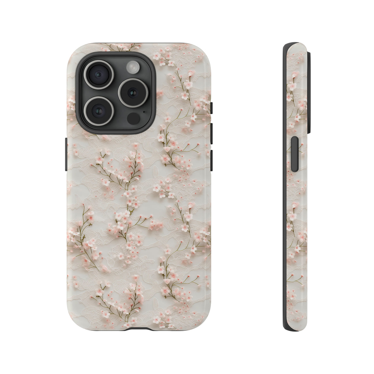 White Lace and Cherry Blossoms Tough Case for iPhone 15, iPhone 15 Pro, iPhone 15 Plus, and iPhone 15 Pro Max