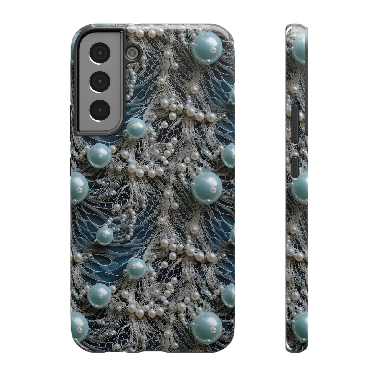 Sea Foam Lace and Pearls Impact-Resistant Cases for Samsung Galaxy S22, Samsung Galaxy S22 Plus, and Samsung Galaxy S22 Ultra. Supports Wireless Charging.