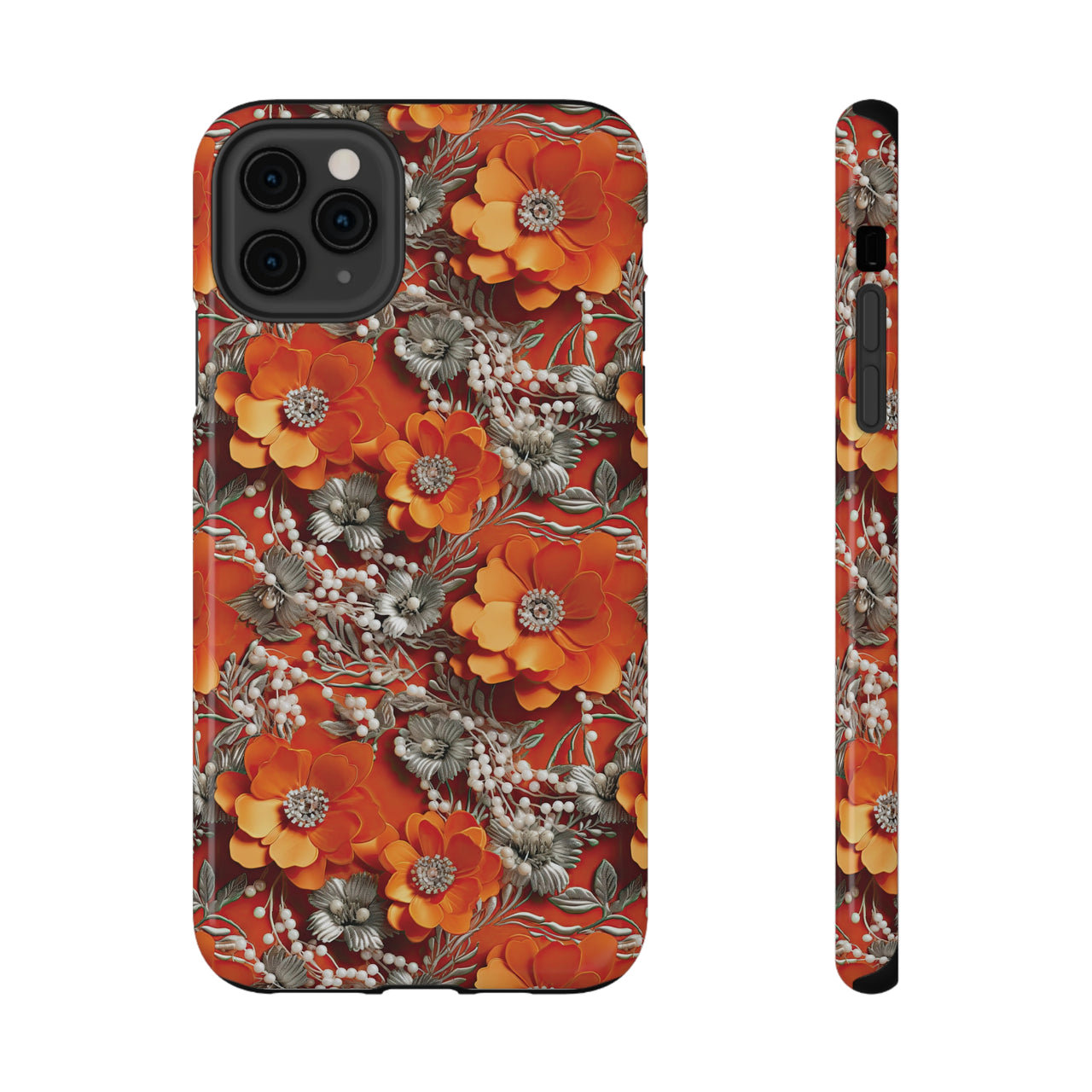 Orange Petals in Silver Tapestry Impact-Resistant Cases for iPhone 11, iPhone 11 Pro, and iPhone 11 Pro Max. Supports Wireless Charging.