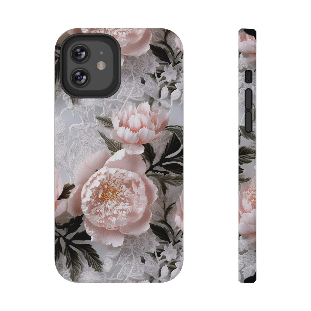 Pink Peony Impact-Resistant Case for iPhone 12, iPhone 12 Mini, iPhone 12 Pro, and iPhone 12 Pro Max. Supports Wireless Charging.