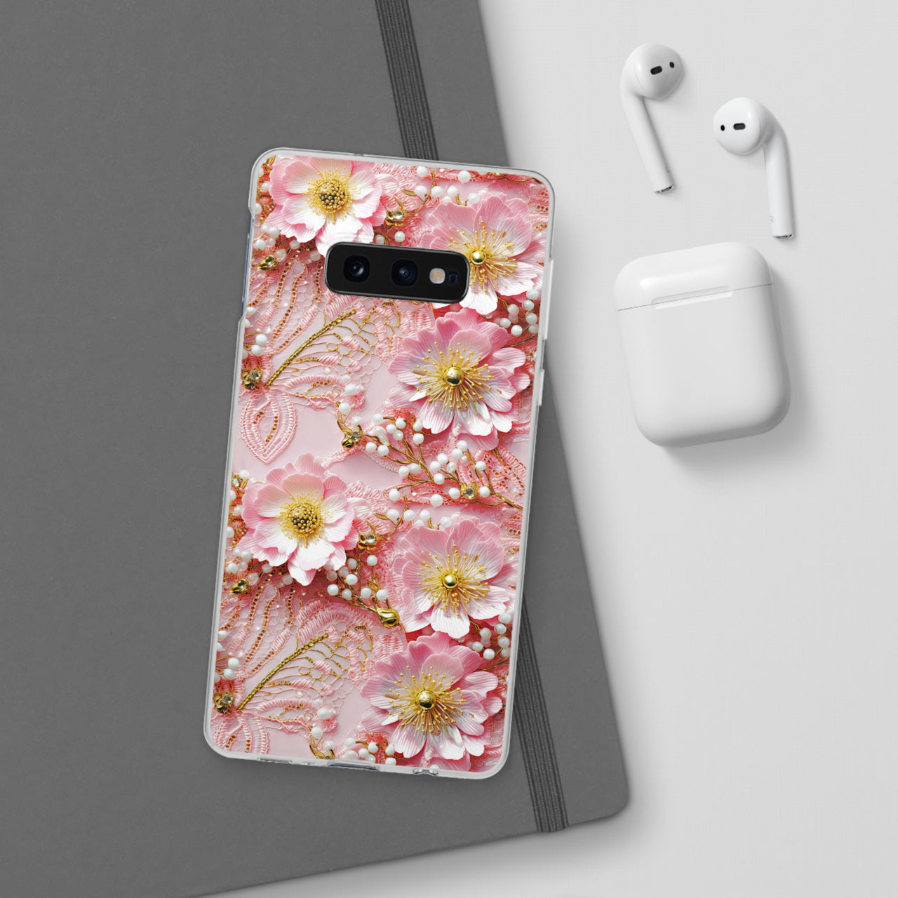 Gold-Kissed Flowers on Pink Lace - Flexi Cases for Samsung Galaxy S10, Samsung Galaxy S10E, & Samsung Galaxy S10 Plus