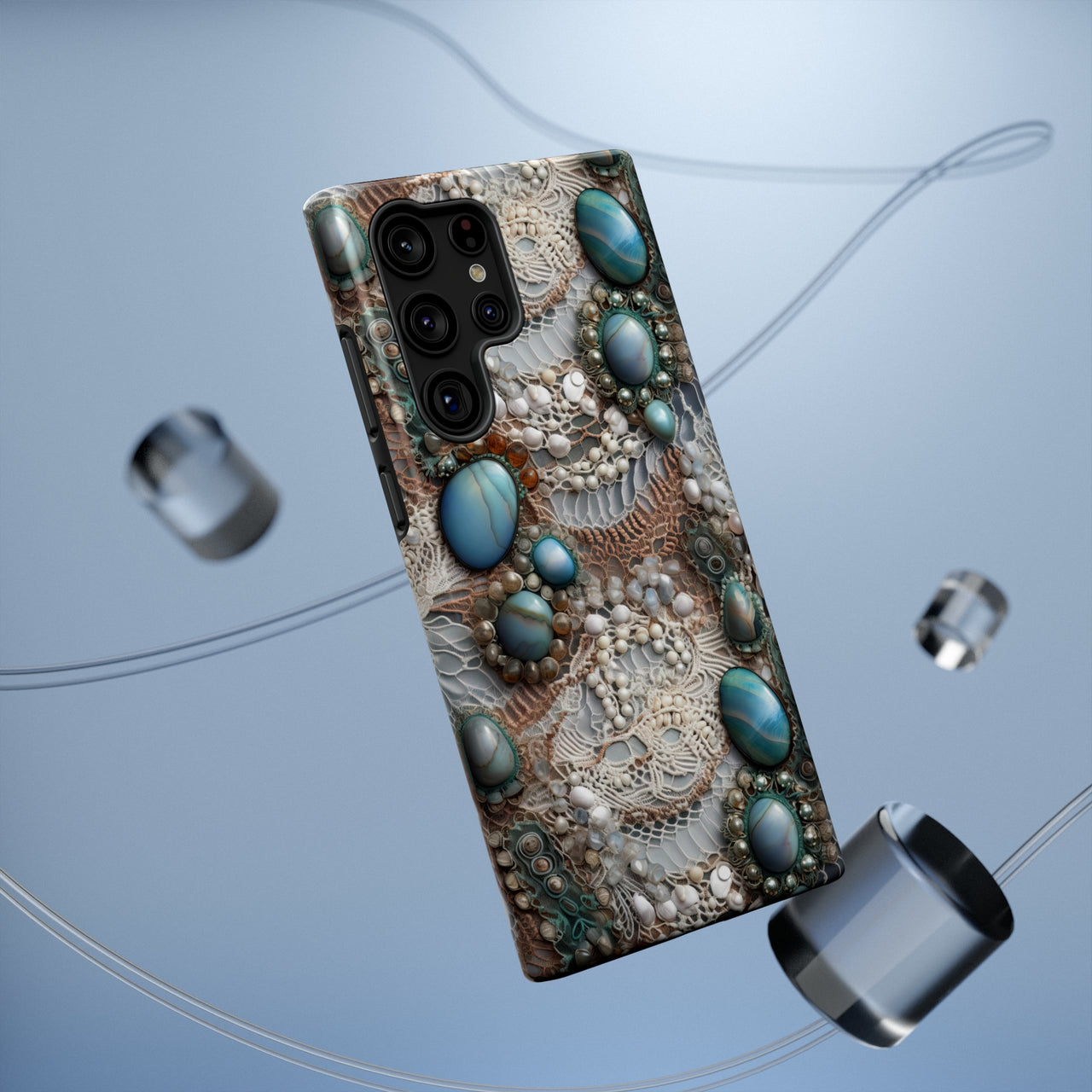 Boho Agate and Lace Impact-Resistant Cases for Samsung Galaxy S22, Samsung Galaxy S22 Plus, and Samsung Galaxy S22 Ultra. Supports Wireless Charging.