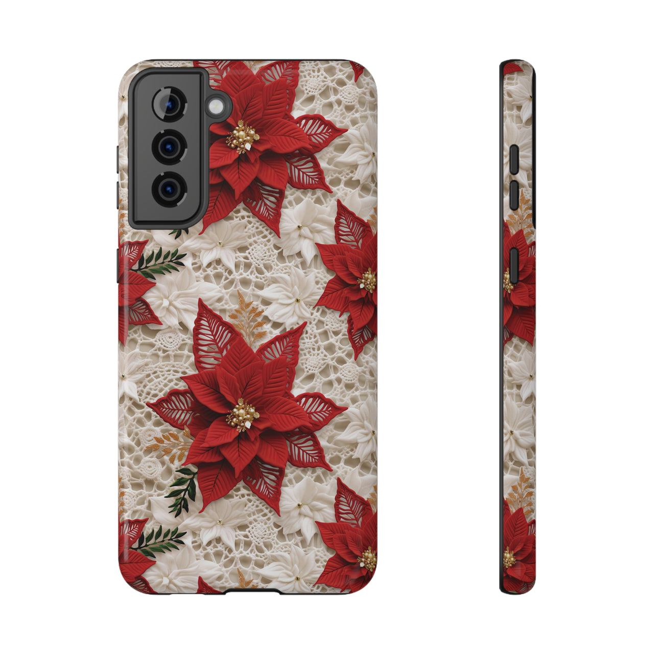 Christmas Poinsettia Impact-Resistant Cases for Samsung Galaxy S21, Samsung Galaxy S21 Plus, and Samsung Galaxy S21 Ultra. Supports Wireless Charging.