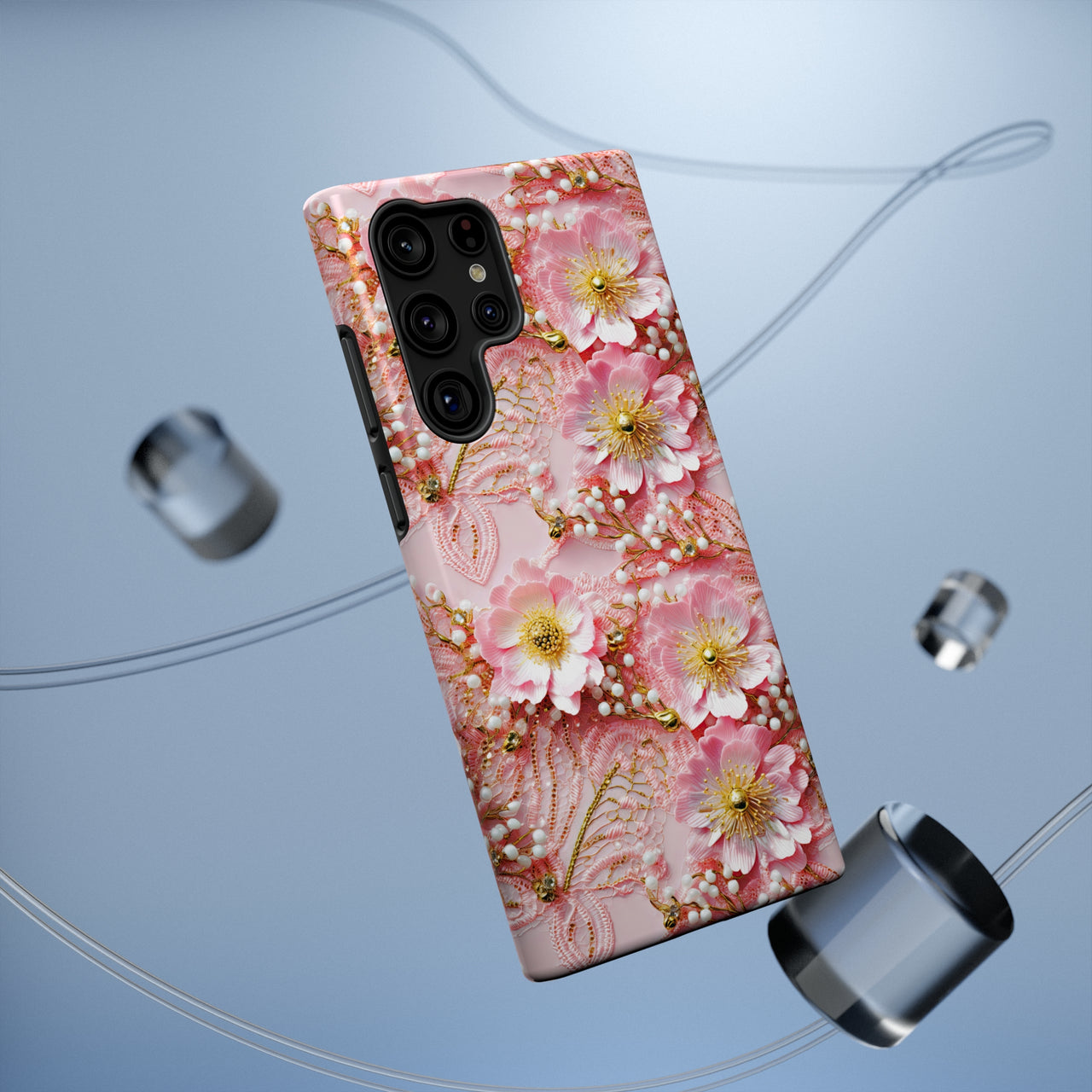 Gold-Kissed Flowers on Pink Lace - Impact-Resistant Case for Samsung Galaxy S22, Samsung Galaxy S22 Plus, and Samsung Galaxy S22 Ultra. Supports Wireless Charging.