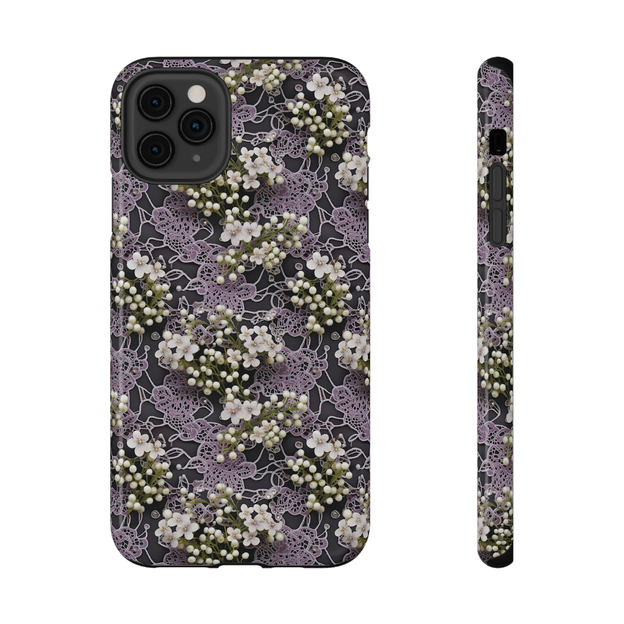 White Flowers on a Purple Bed - Impact-Resistant Cases for iPhone 11, iPhone 11 Pro, and iPhone 11 Pro Max. Supports Wireless Charging.