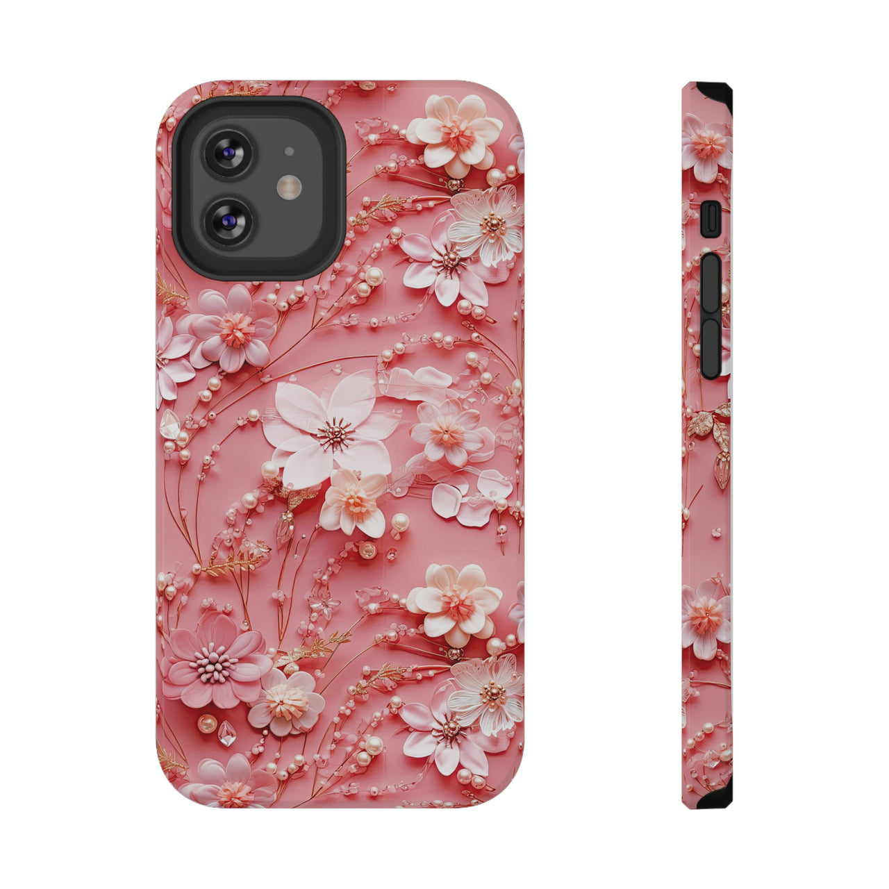 Floral Champagne Toast Impact-Resistant Case for iPhone 12, iPhone 12 Mini, iPhone 12 Pro, and iPhone 12 Pro Max. Supports Wireless Charging.