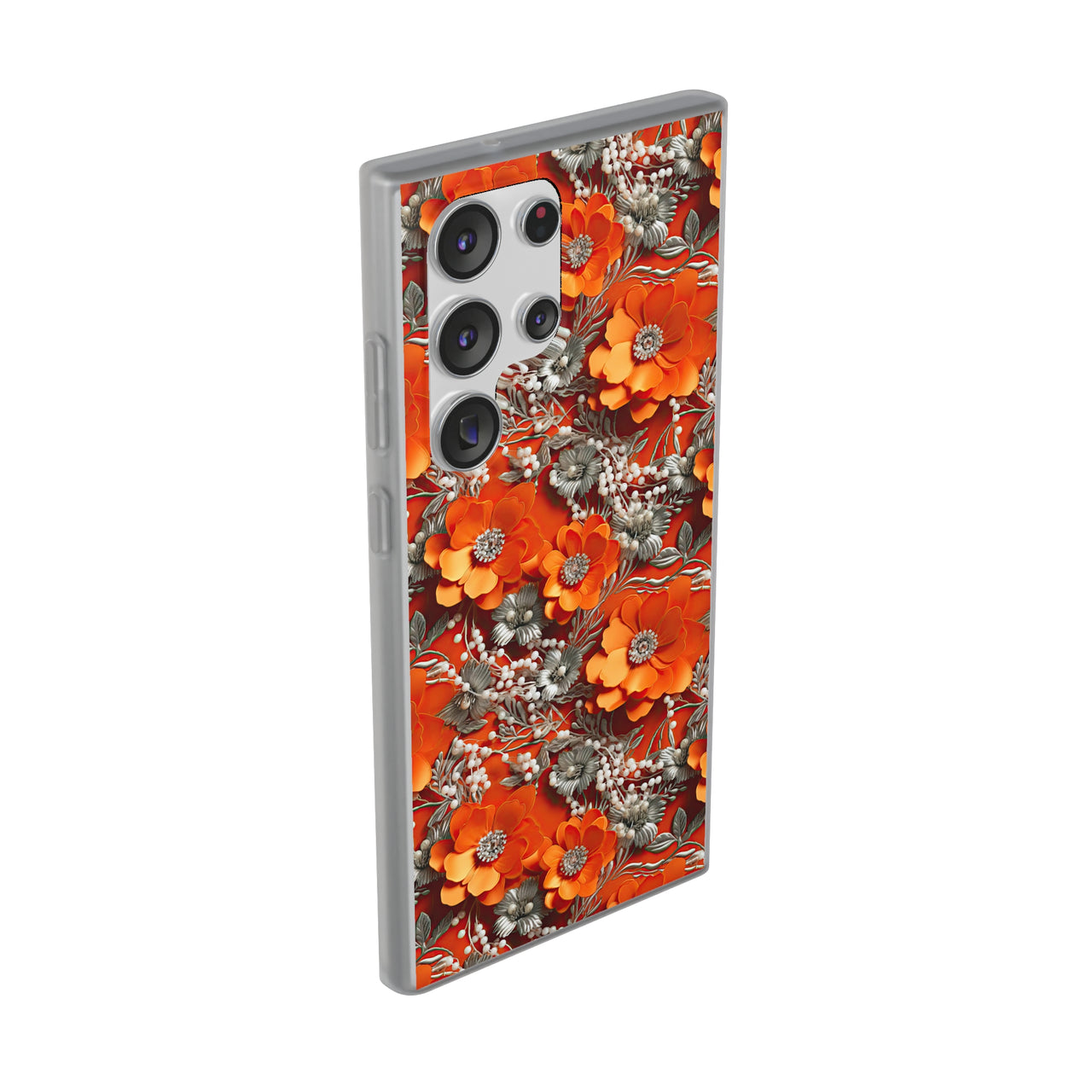 Orange Petals in Silver Tapestry - Flexi Cases for Samsung Galaxy S23, Samsung Galaxy S23 Plus, and Samsung Galaxy S23 Ultra