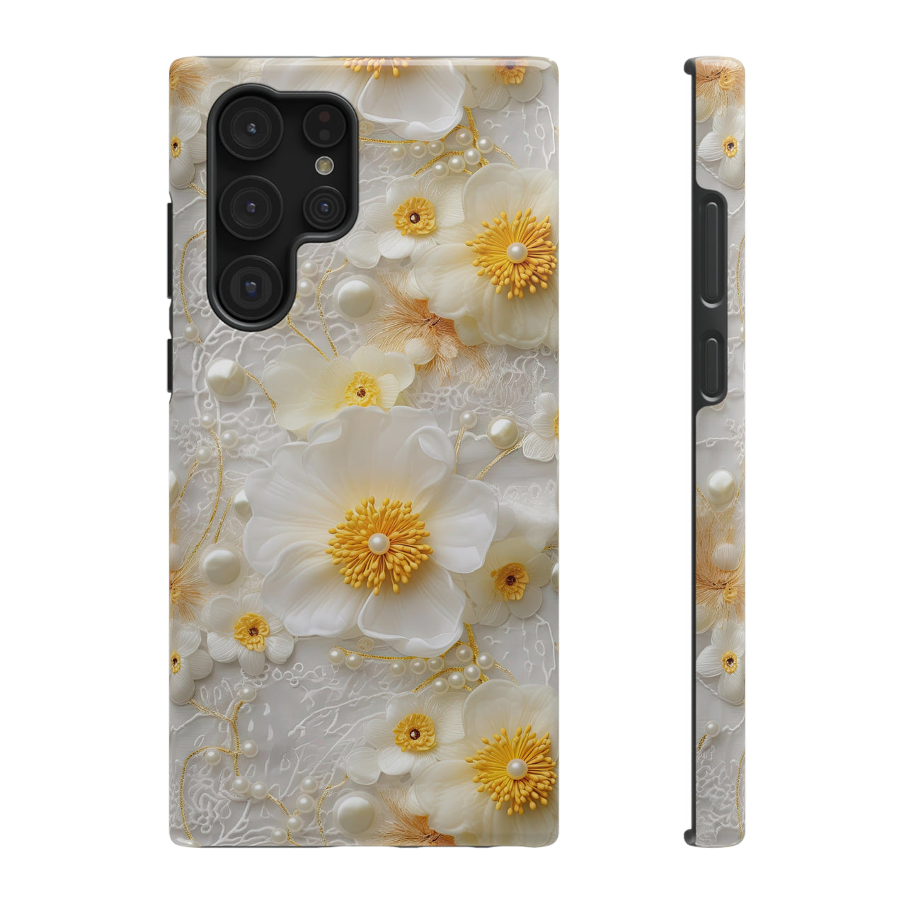 White and Yellow Floral Impact-Resistant Cases for Samsung Galaxy S22, Samsung Galaxy S22 Plus, and Samsung Galaxy S22 Ultra. Supports Wireless Charging.