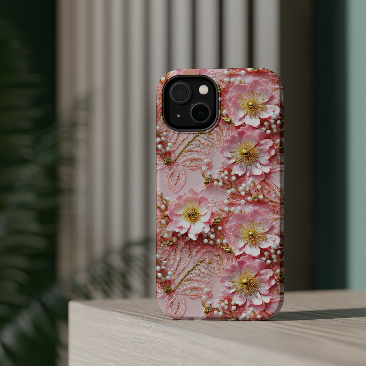 Gold-Kissed Flowers on Pink Lace - MagSafe Tough Case for iPhone 14, iPhone 14 Pro, iPhone 14 Plus, and iPhone 14 Pro Max