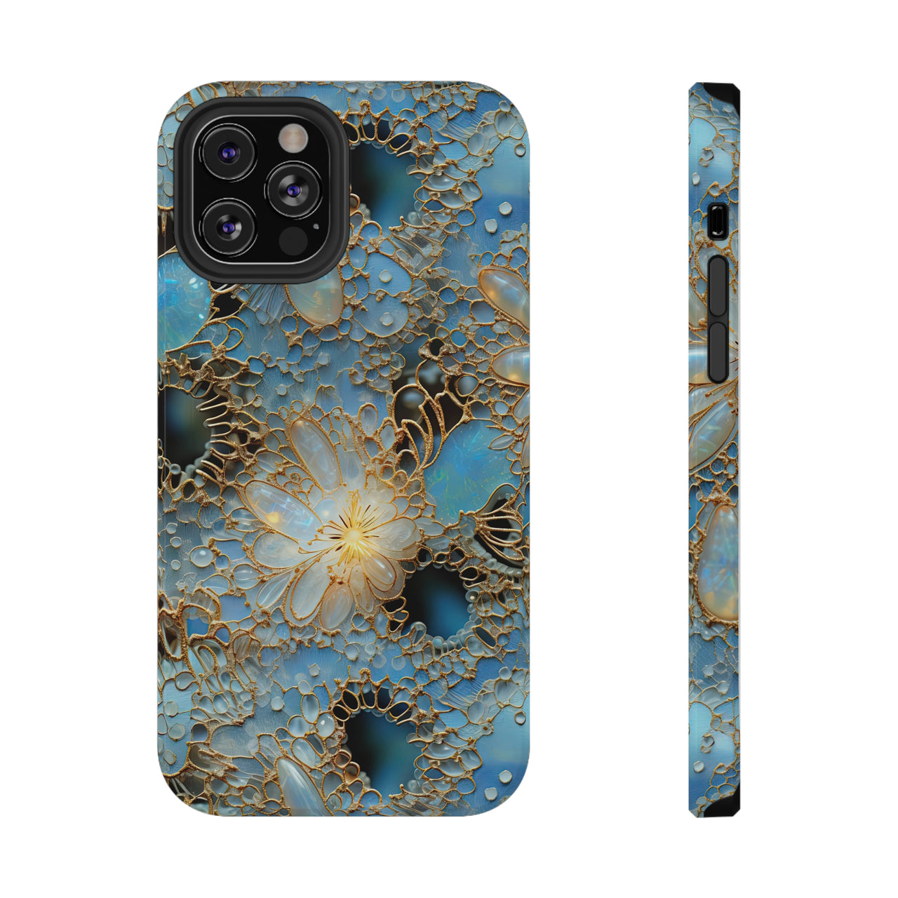 Gemstones and Gold Lace Impact-Resistant Case for iPhone 12, iPhone 12 Mini, iPhone 12 Pro, and iPhone 12 Pro Max. Supports Wireless Charging.