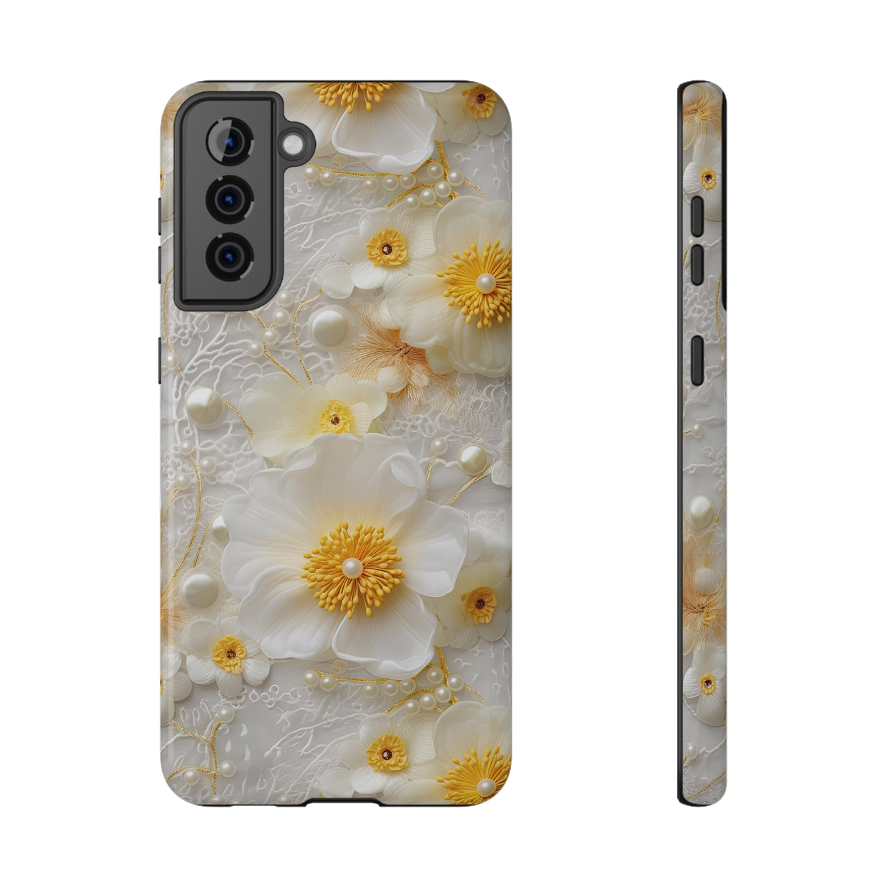 White and Yellow Floral Impact-Resistant Cases for Samsung Galaxy S21, Samsung Galaxy S21 Plus, and Samsung Galaxy S21 Ultra. Supports Wireless Charging.