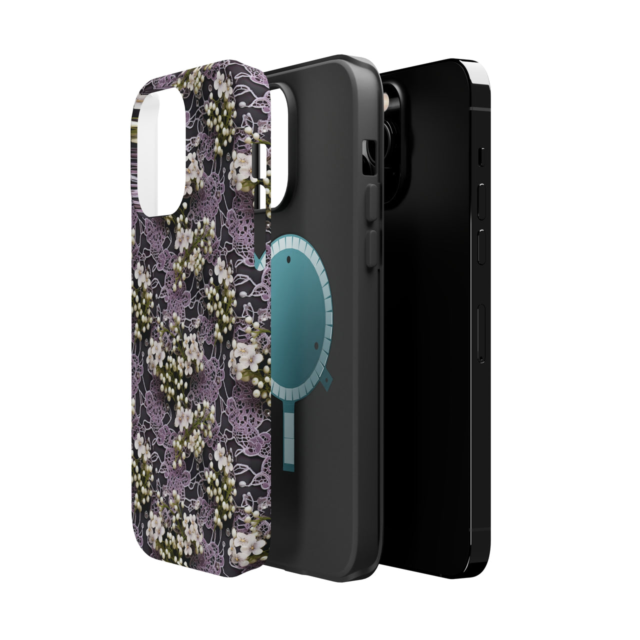 White Flowers on a Purple Bed - MagSafe Tough Cases for iPhone 14, iPhone 14 Pro, iPhone 14 Plus, and iPhone 14 Pro Max