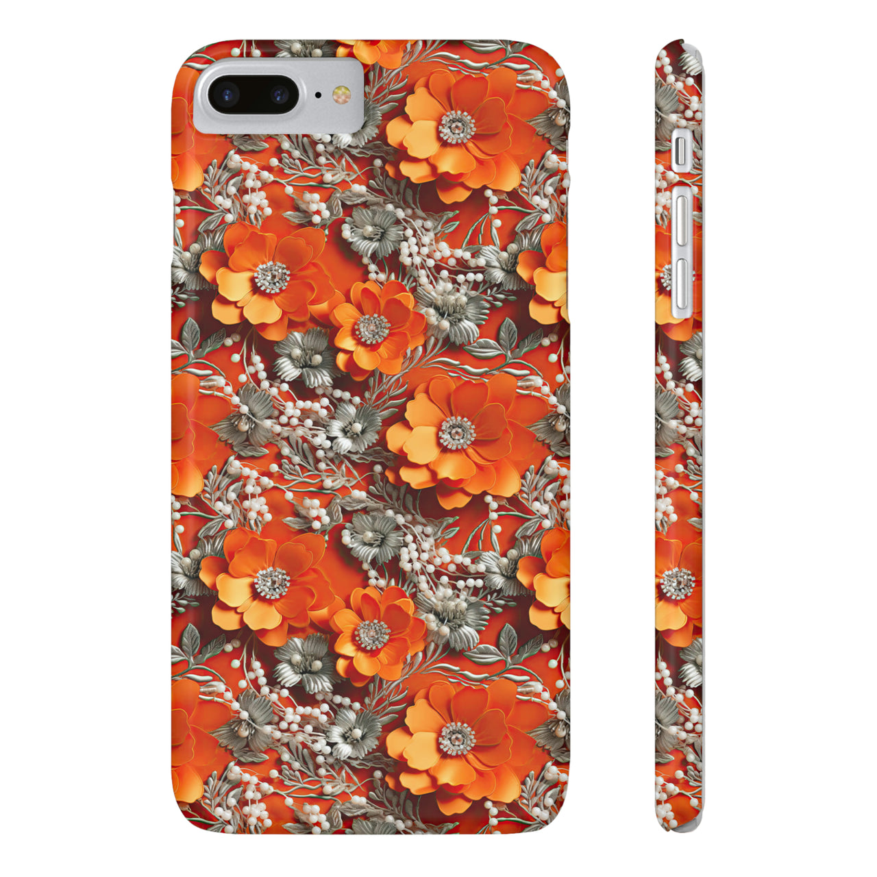 Orange Petals in Silver Tapestry - Slim Phone Cases for iPhone 8 and iPhone 8 Plus (Also fits iPhone 7 and 7 Plus)