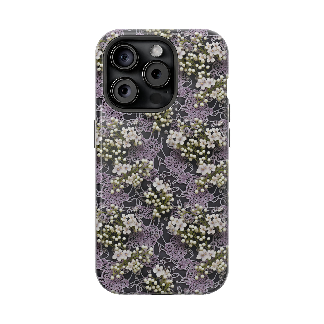 White Flowers on a Purple Bed - MagSafe Tough Case for iPhone 15, iPhone 15 Pro, iPhone 15 Plus, & iPhone 15 Pro Max