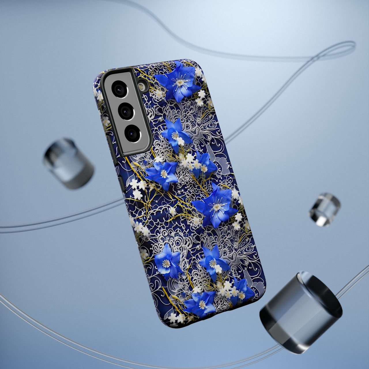 Cerulean Elegance Impact-Resistant Case for Samsung Galaxy S22, Samsung Galaxy S22 Plus, and Samsung Galaxy S22 Ultra. Supports Wireless Charging.