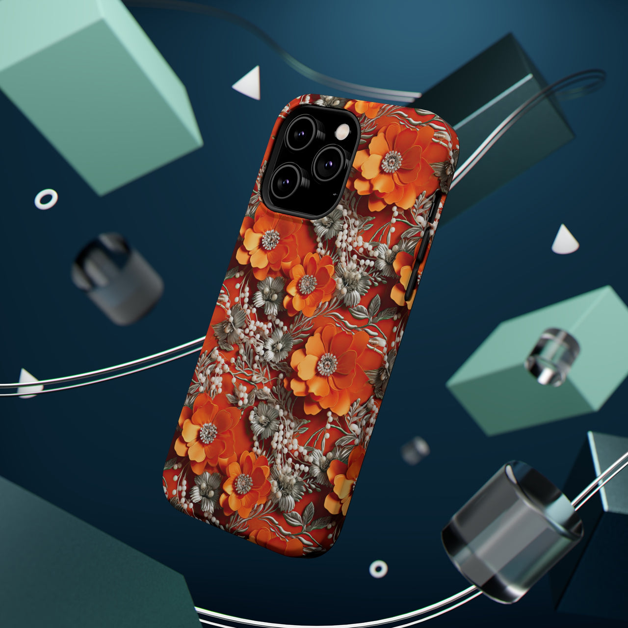 Orange Petals in Silver Tapestry MagSafe Tough Cases for iPhone 14, iPhone 14 Pro, iPhone 14 Plus, and iPhone 14 Pro Max