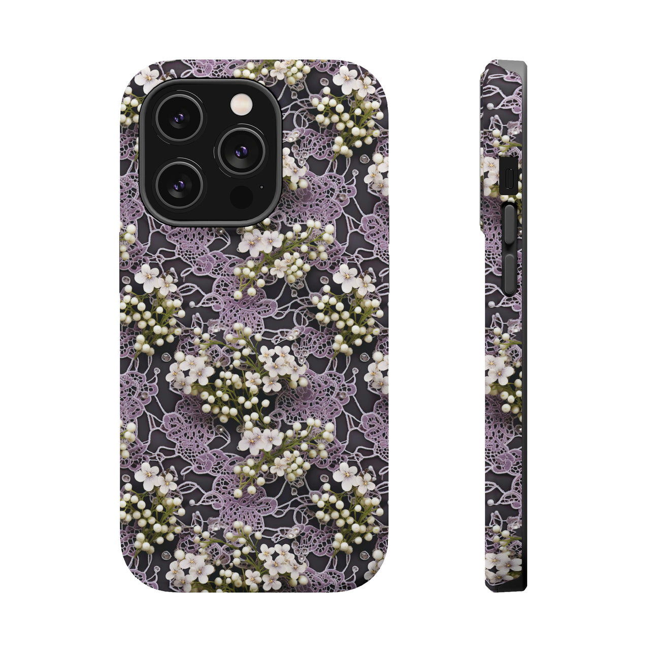 White Flowers on a Purple Bed - MagSafe Tough Cases for iPhone 14, iPhone 14 Pro, iPhone 14 Plus, and iPhone 14 Pro Max