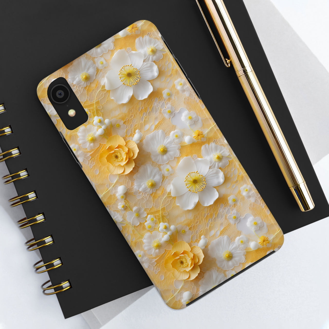 Yellow Floral Tough Phone Cases for iPhone X, iPhone XR, iPhone XS, and iPhone XS MAX. Supports Wireless Charging.