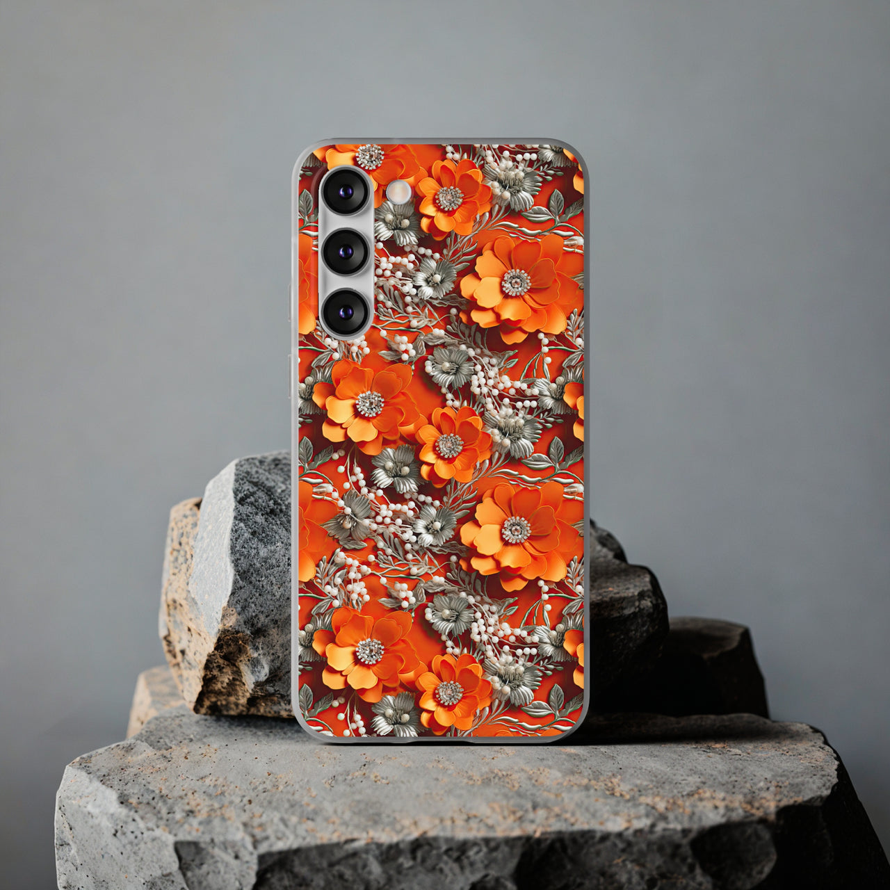 Orange Petals in Silver Tapestry - Flexi Cases for Samsung Galaxy S23, Samsung Galaxy S23 Plus, and Samsung Galaxy S23 Ultra