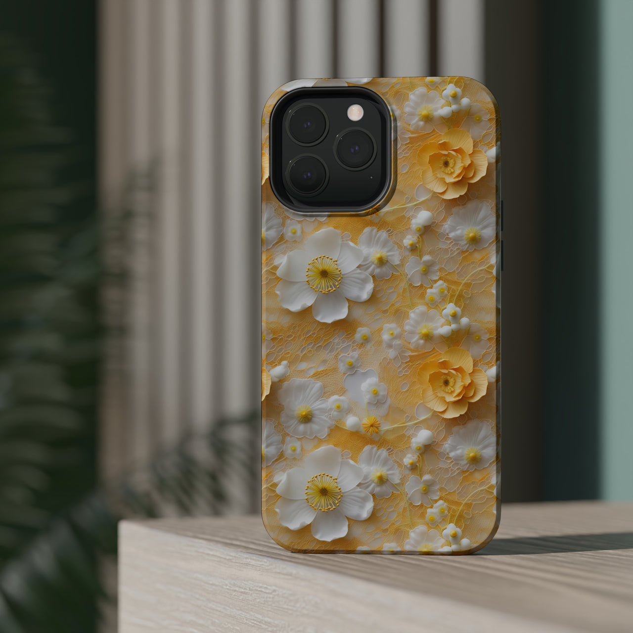 Yellow Floral MagSafe Tough Cases for iPhone 13, iPhone 13 Mini, iPhone 13 Pro, and iPhone 13 Pro Max.