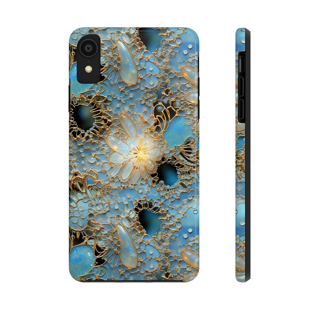 Gemstones and Gold Lace Tough Phone Cases for iPhone X, iPhone XR, iPhone XS, and iPhone XS MAX. Supports Wireless Charging.