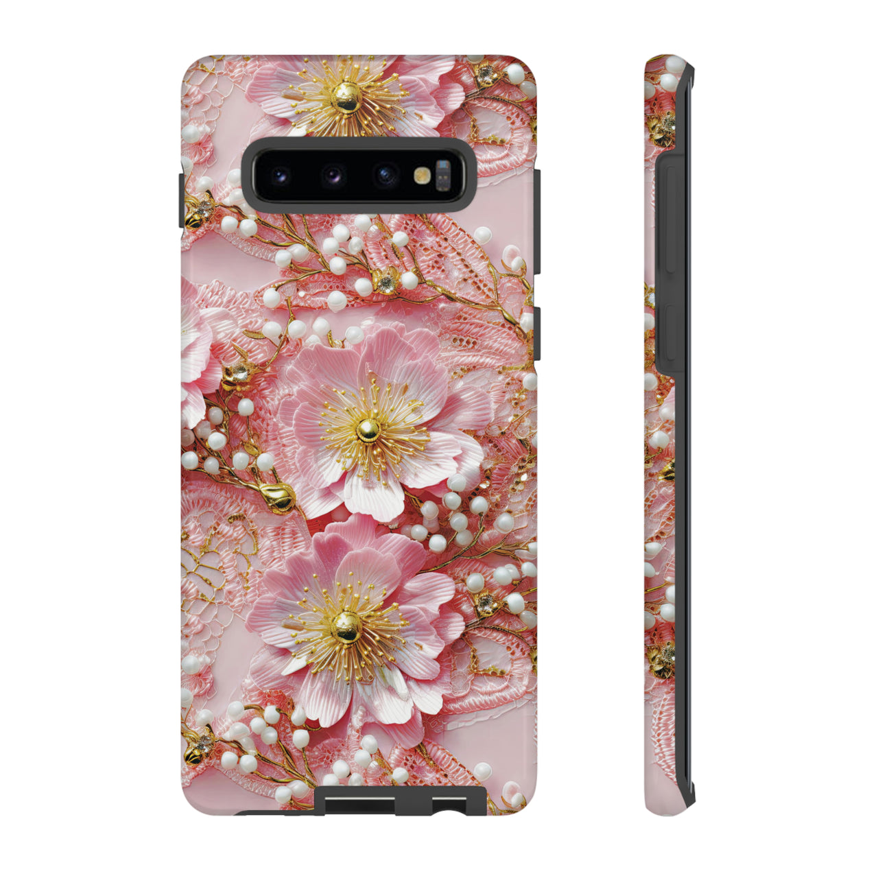 Gold-Kissed Flowers on Pink Lace - Tough Case for Samsung Galaxy S10, Samsung Galaxy S10E, and Samsung Galaxy S10 Plus