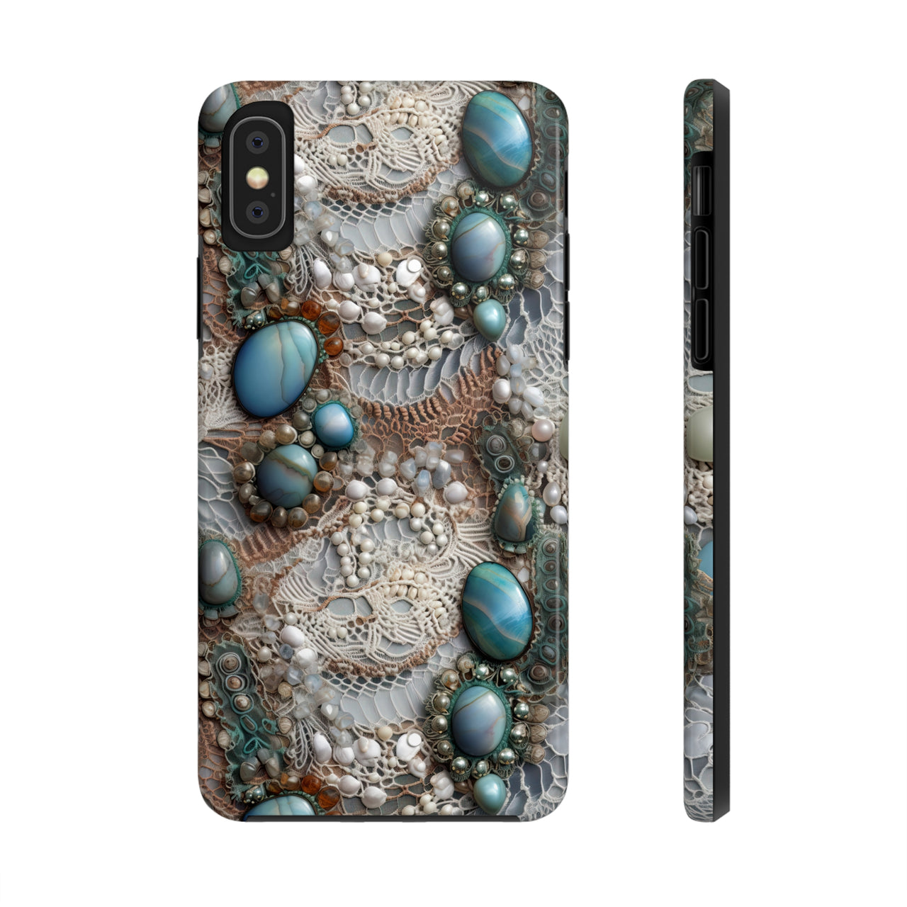 Boho Agate and Lace Tough Phone Cases for iPhone X, iPhone XR, iPhone XS, and iPhone XS MAX. Supports Wireless Charging.