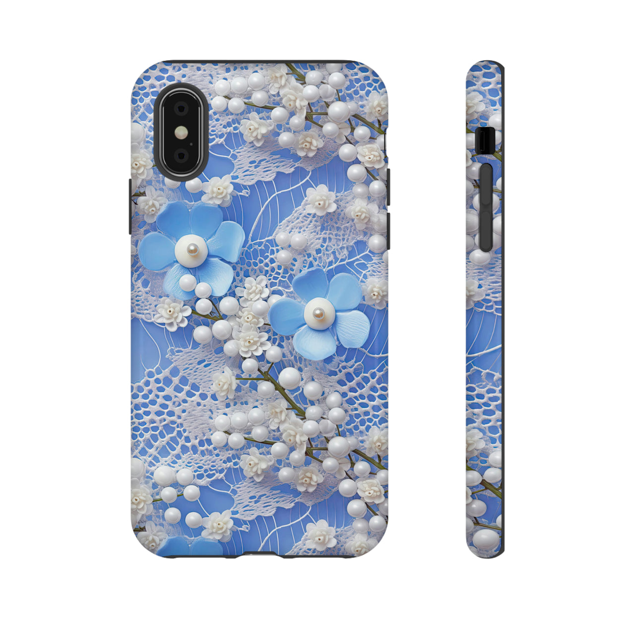 Pearls and Lace on Baby Blue - Tough Cases for iPhone X, iPhone XR, iPhone XS, and iPhone XS MAX.