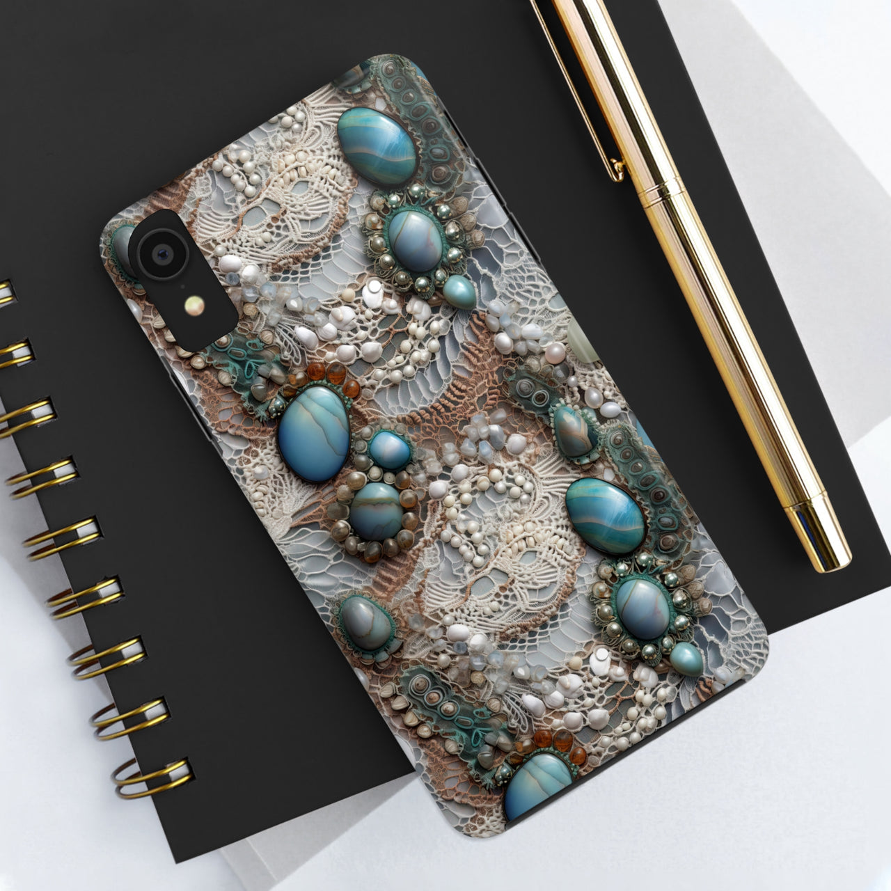 Boho Agate and Lace Tough Phone Cases for iPhone X, iPhone XR, iPhone XS, and iPhone XS MAX. Supports Wireless Charging.