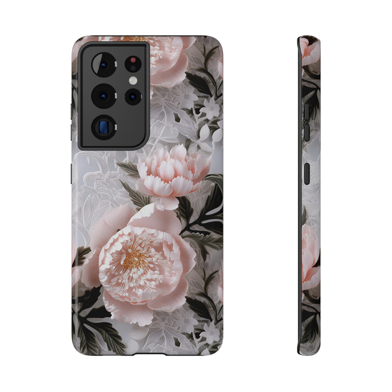 Pink Peony Impact-Resistant Cases for Samsung Galaxy S21, Samsung Galaxy S21 Plus, and Samsung Galaxy S21 Ultra. Supports Wireless Charging.