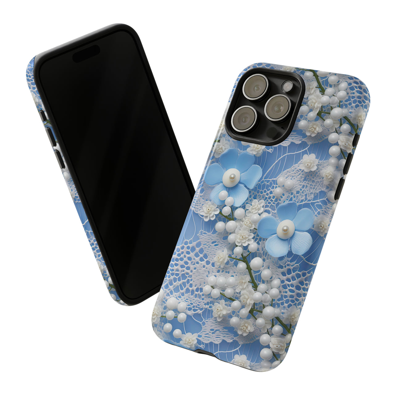 Pearls and Lace on Baby Blue - Tough Case for iPhone 15, iPhone 15 Pro, iPhone 15 Plus, and iPhone 15 Pro Max