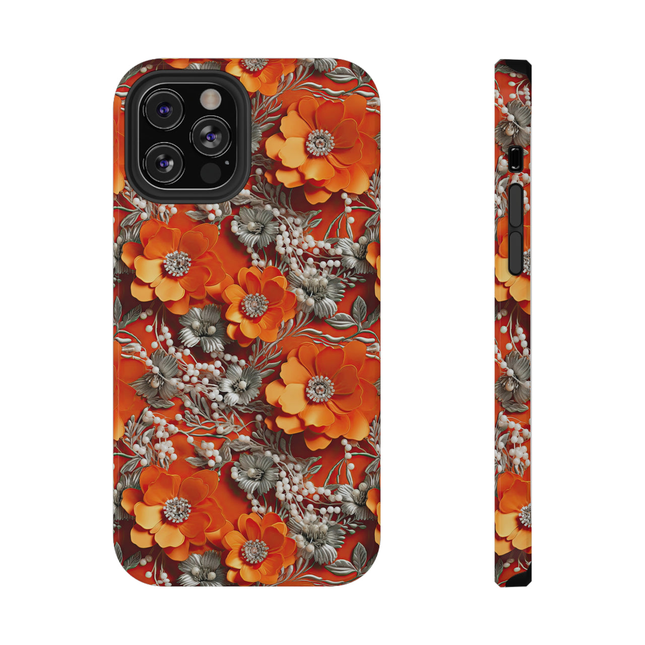 Orange Petals in Silver Tapestry Impact-Resistant Case for iPhone 12, iPhone 12 Mini, iPhone 12 Pro, and iPhone 12 Pro Max. Supports Wireless Charging.