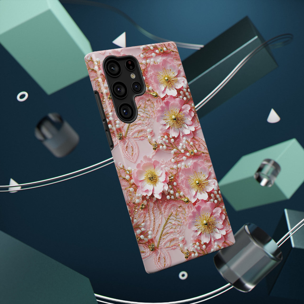 Gold-Kissed Flowers on Pink Lace - Impact-Resistant Case for Samsung Galaxy S22, Samsung Galaxy S22 Plus, and Samsung Galaxy S22 Ultra. Supports Wireless Charging.