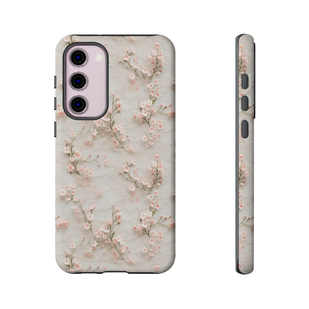 White Lace and Cherry Blossoms Tough Cases for Samsung Galaxy S23, Samsung Galaxy S23 Plus, and Samsung Galaxy S23 Ultra