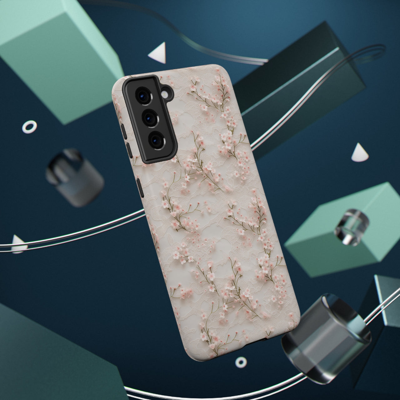 White Lace and Cherry Blossoms Impact-Resistant Cases for Samsung Galaxy S21, Samsung Galaxy S21 Plus, and Samsung Galaxy S21 Ultra. Supports Wireless Charging.