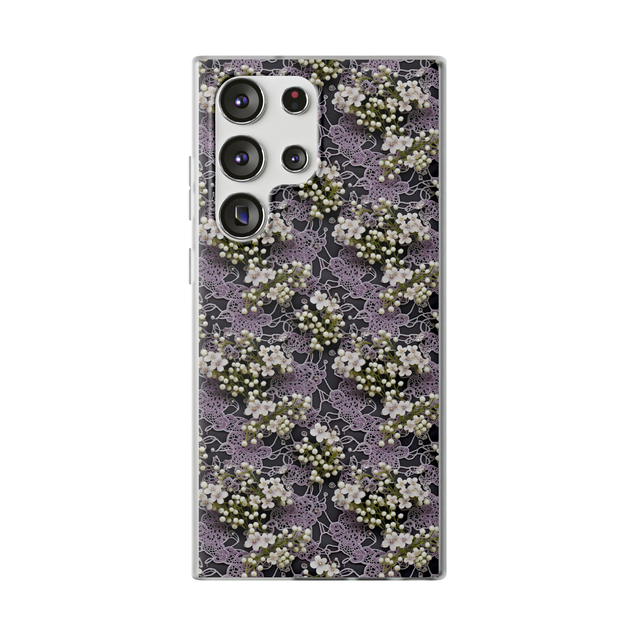 White Flowers on a Purple Bed - Flexi Cases for Samsung Galaxy S23, Samsung Galaxy S23 Plus, and Samsung Galaxy S23 Ultra