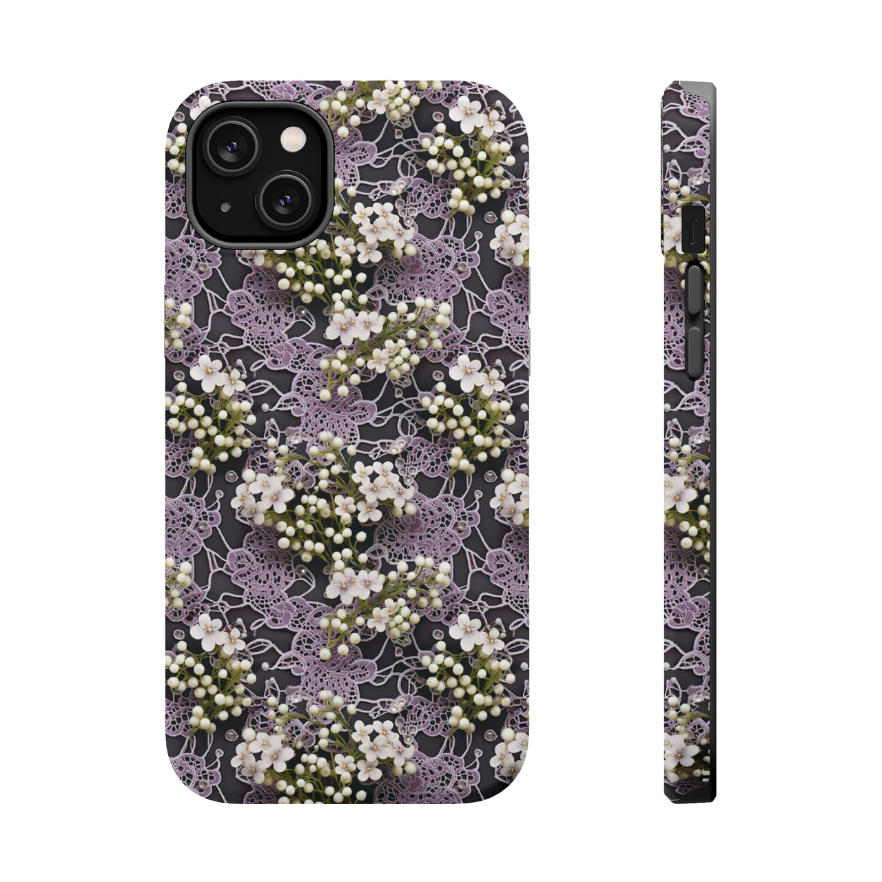 White Flowers on a Purple Bed - MagSafe Tough Cases for iPhone 14, iPhone 14 Pro, iPhone 14 Plus, and iPhone 14 Pro Max