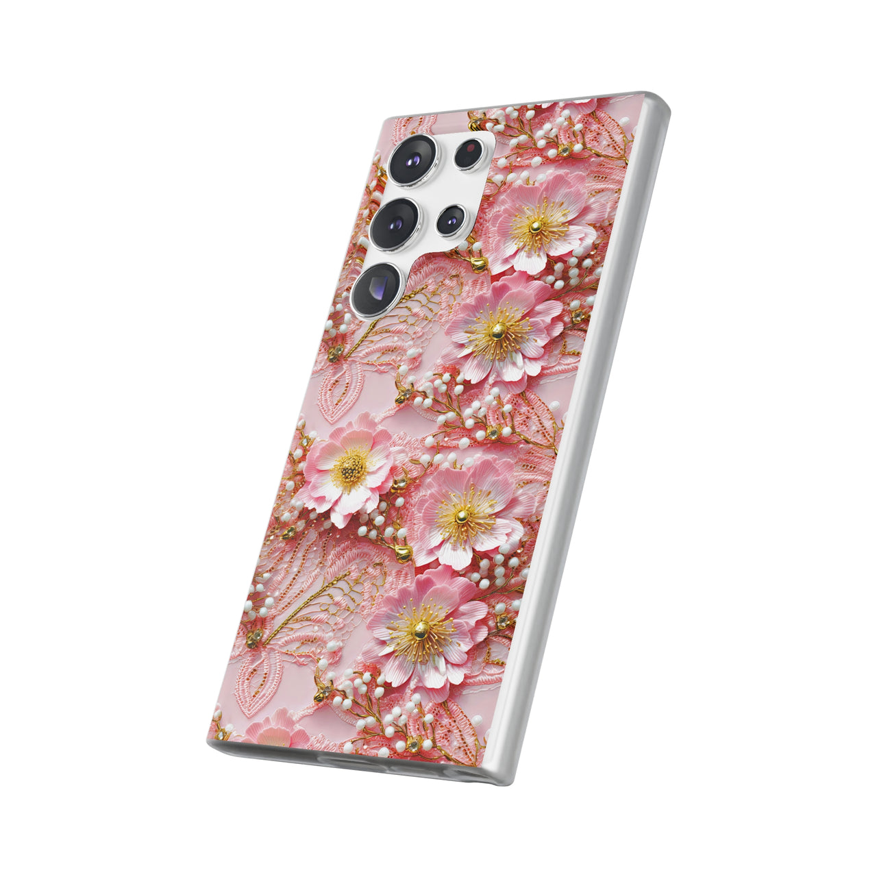 Gold-Kissed Flowers on Pink Lace - Flexi Cases for Samsung Galaxy S23, Samsung Galaxy S23 Plus, & Samsung Galaxy S23 Ultra