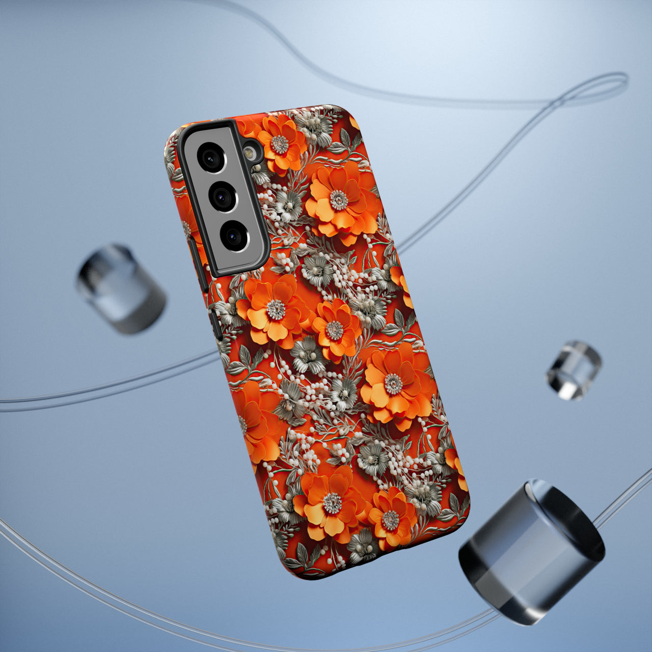 Orange Petals in Silver Tapestry Impact-Resistant Case for Samsung Galaxy S22, Samsung Galaxy S22 Plus, and Samsung Galaxy S22 Ultra. Supports Wireless Charging.