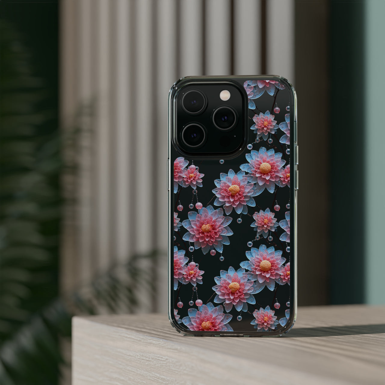 *Clear Case* Pink and Blue Glass Flowers - iPhone 14, iPhone 14 Pro, iPhone 14 Plus, iPhone 14 Pro Max - Supports Wireless Charging