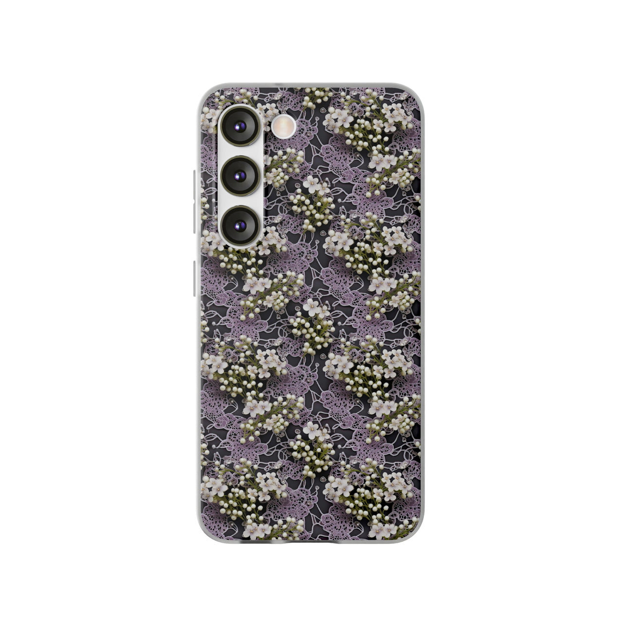 White Flowers on a Purple Bed - Flexi Cases for Samsung Galaxy S23, Samsung Galaxy S23 Plus, and Samsung Galaxy S23 Ultra