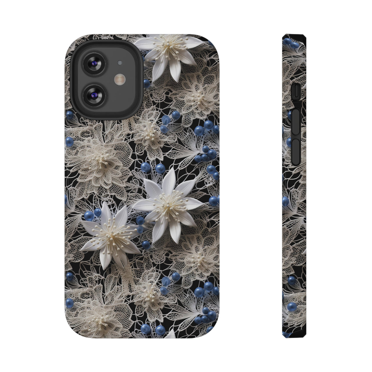 Vintage Lace and Clematis Impact-Resistant Case for iPhone 12, iPhone 12 Mini, iPhone 12 Pro, and iPhone 12 Pro Max. Supports Wireless Charging.