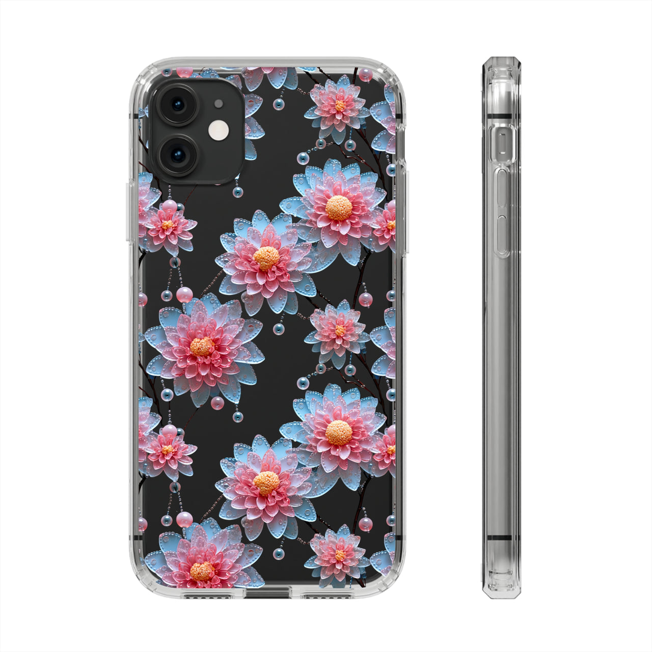 *Clear Case* Pink and Blue Glass Flowers - iPhone 11, iPhone 11 Pro, iPhone 11 Pro Max - Supports Wireless Charging