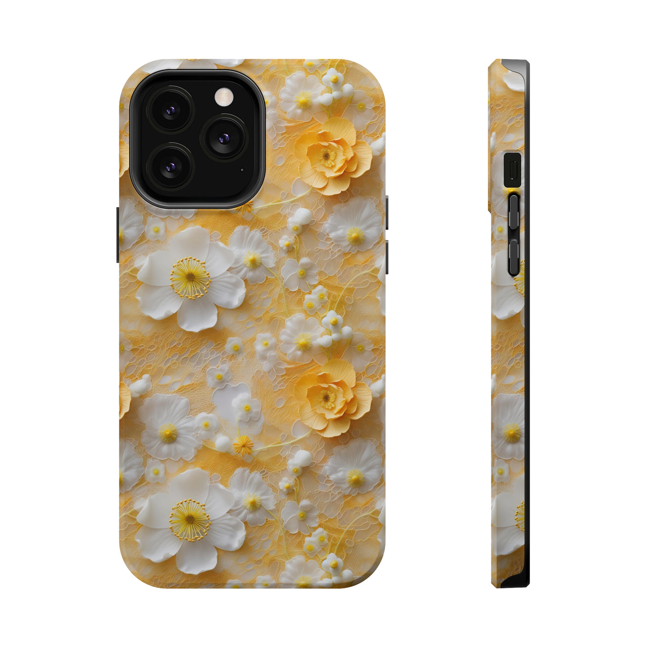 Yellow Floral MagSafe Tough Cases for iPhone 13, iPhone 13 Mini, iPhone 13 Pro, and iPhone 13 Pro Max.