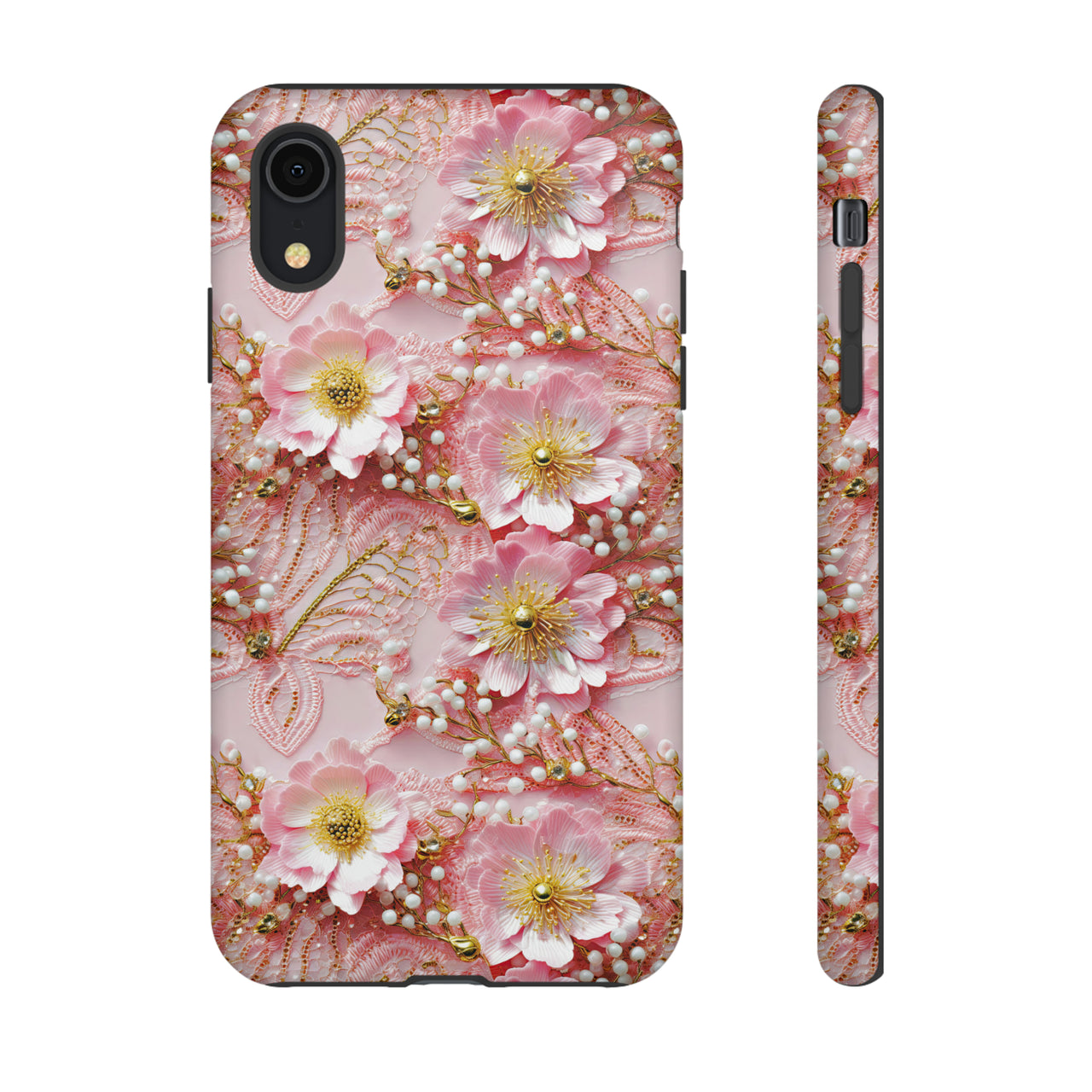 Gold-Kissed Flowers on Pink Lace - Tough Cases for iPhone X, iPhone XR, iPhone XS, and iPhone XS MAX