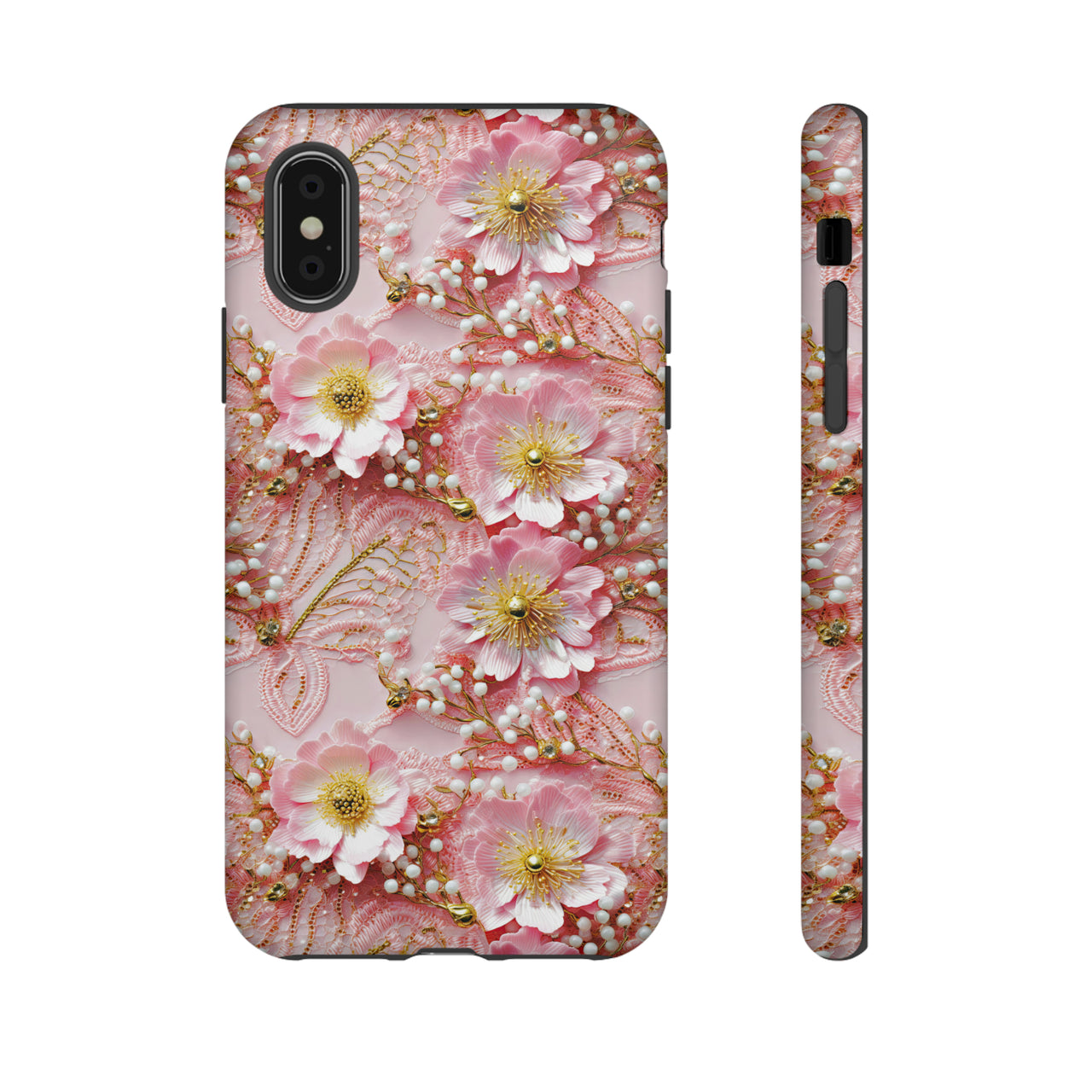 Gold-Kissed Flowers on Pink Lace - Tough Cases for iPhone X, iPhone XR, iPhone XS, and iPhone XS MAX