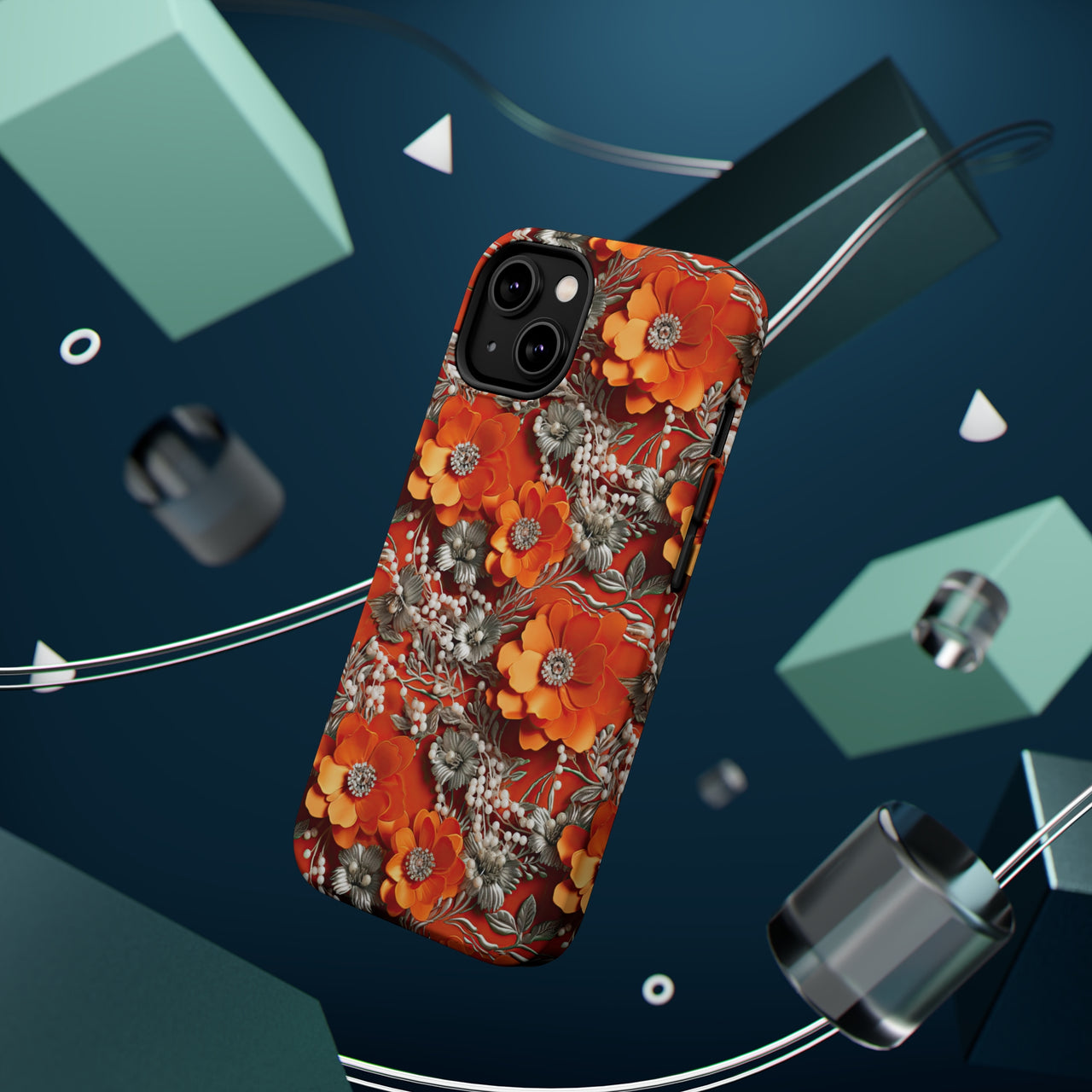 Orange Petals in Silver Tapestry MagSafe Tough Cases for iPhone 14, iPhone 14 Pro, iPhone 14 Plus, and iPhone 14 Pro Max