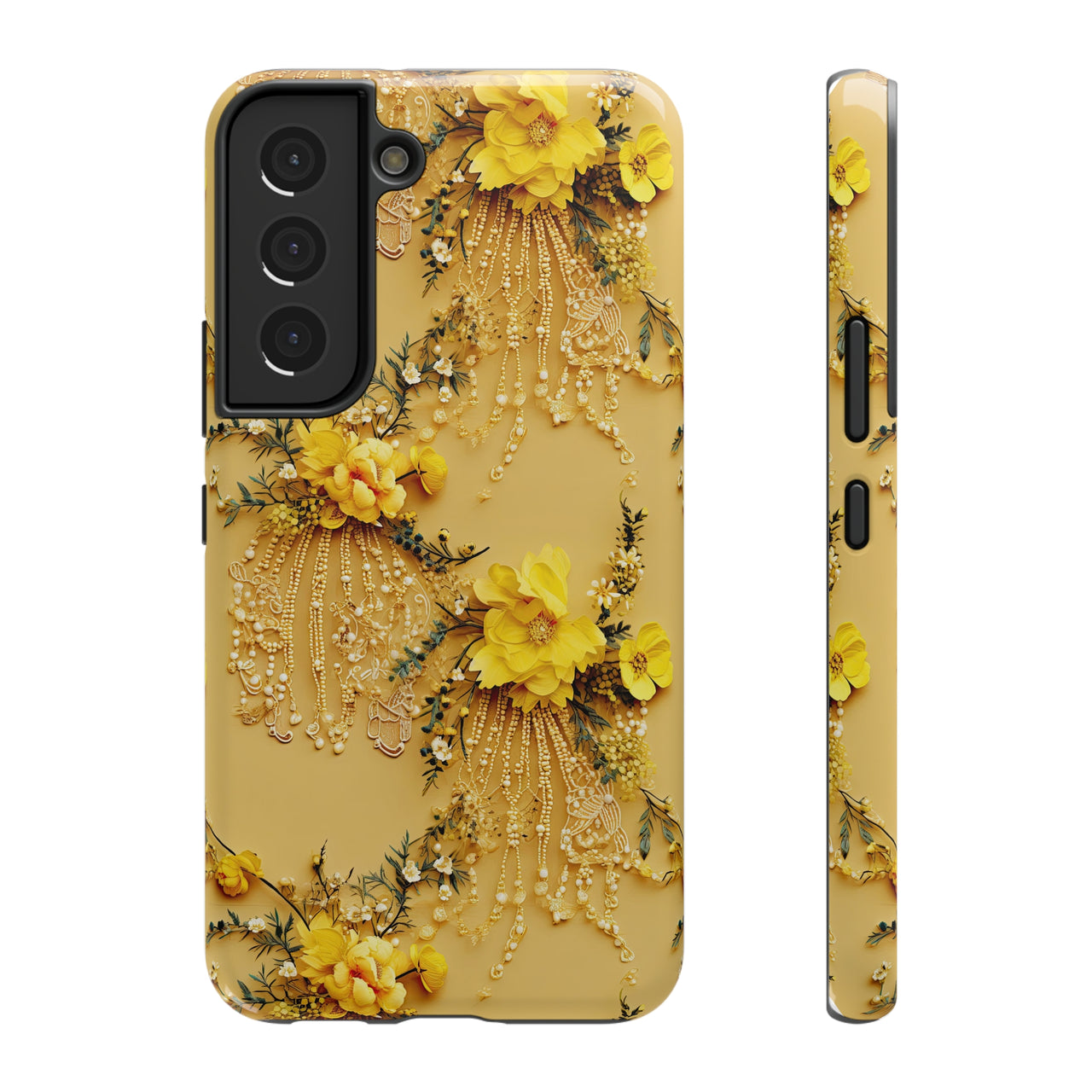 Floral Sunshine Impact-Resistant Case for Samsung Galaxy S22, Samsung Galaxy S22 Plus, and Samsung Galaxy S22 Ultra. Supports Wireless Charging.